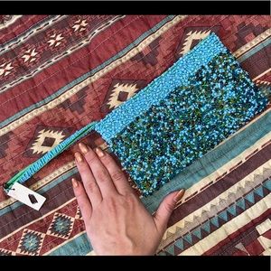 Blue and green hand beaded wristlet!